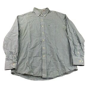 Izod Shirt Men L Long Sleeve Button Down Plaid Check Green Navy Blue Pocket Top